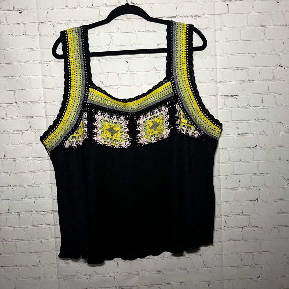 Crochet Trim Tank Top Black Square Neck Sleeveless Peplum Festival Boho Size 4XL